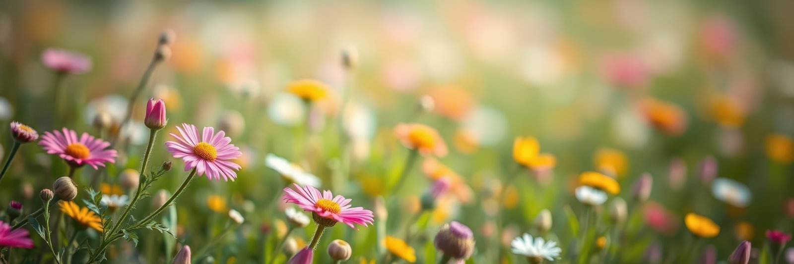 Colorful wildflower meadow blooming in spring sunlight